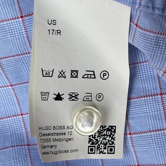 Hugo Boss Men's Checkered Sharp Fit Long Sleeve Blue & Red Shirt Size 17 - Picture 5 of 6